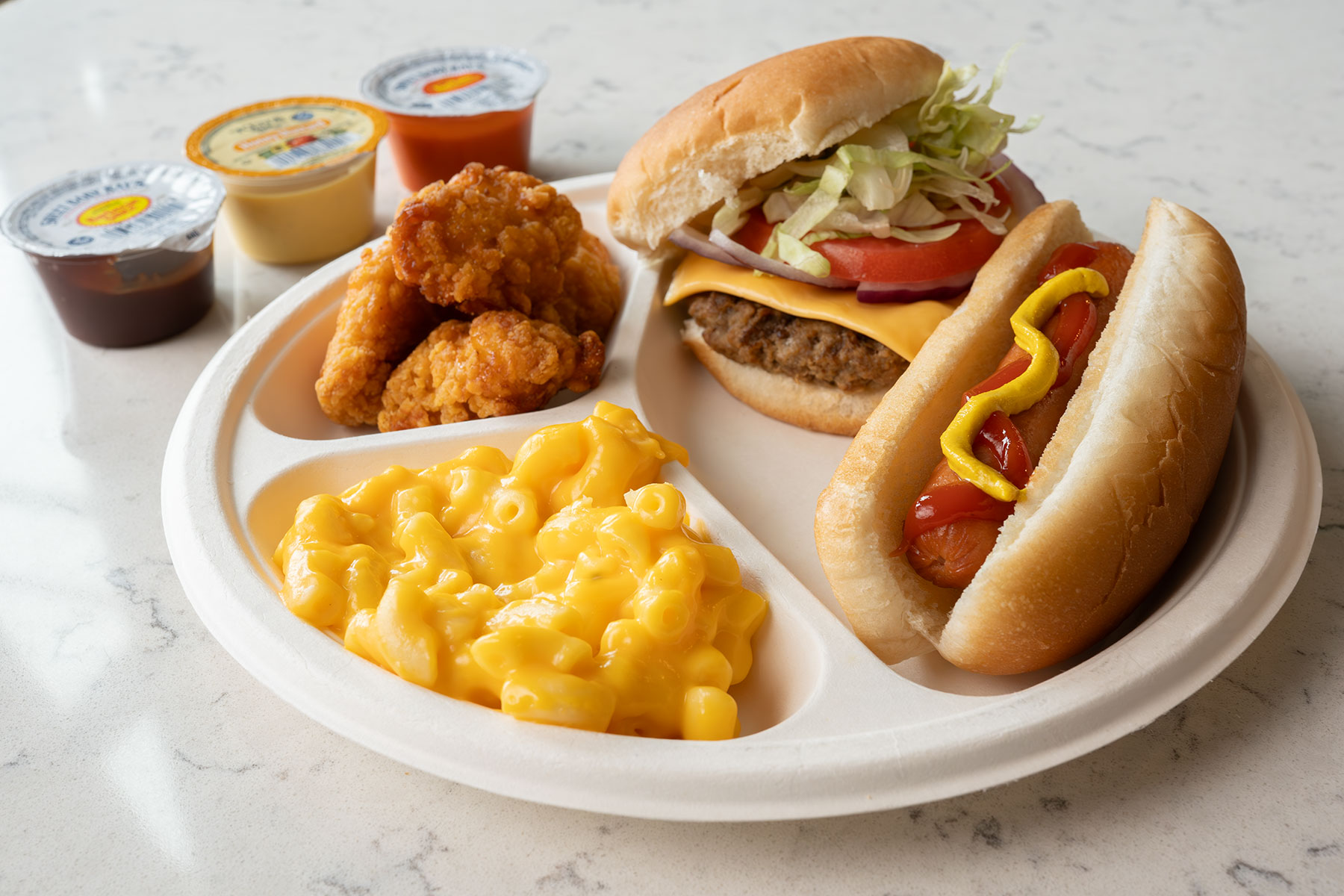 hot dog, cheeseburger, chicken bites, mac & cheese