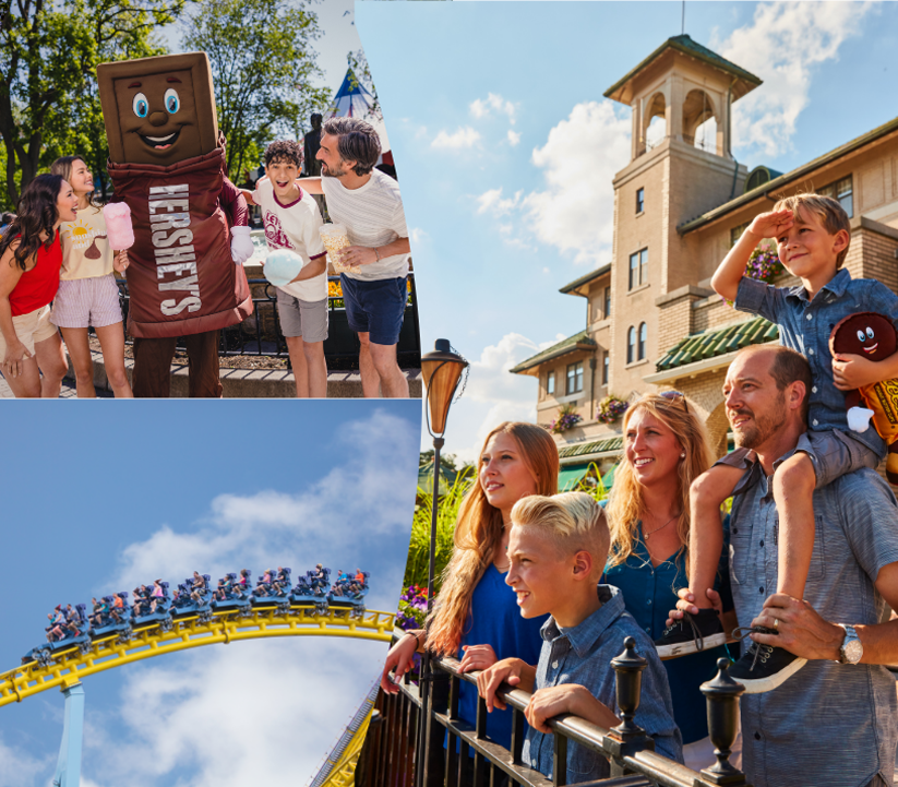 Photo collage including family with Hersheypark Character, Hershey's. A family with little boy on dad's shoulder outside of the Hotel Hershey looking at the views of Hershey, PA. And the last photo of guests riding Skyrush Coaster at Hersheypark.