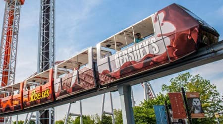 The Monorail at Hersheypark with Hershey Chocolate logos on side