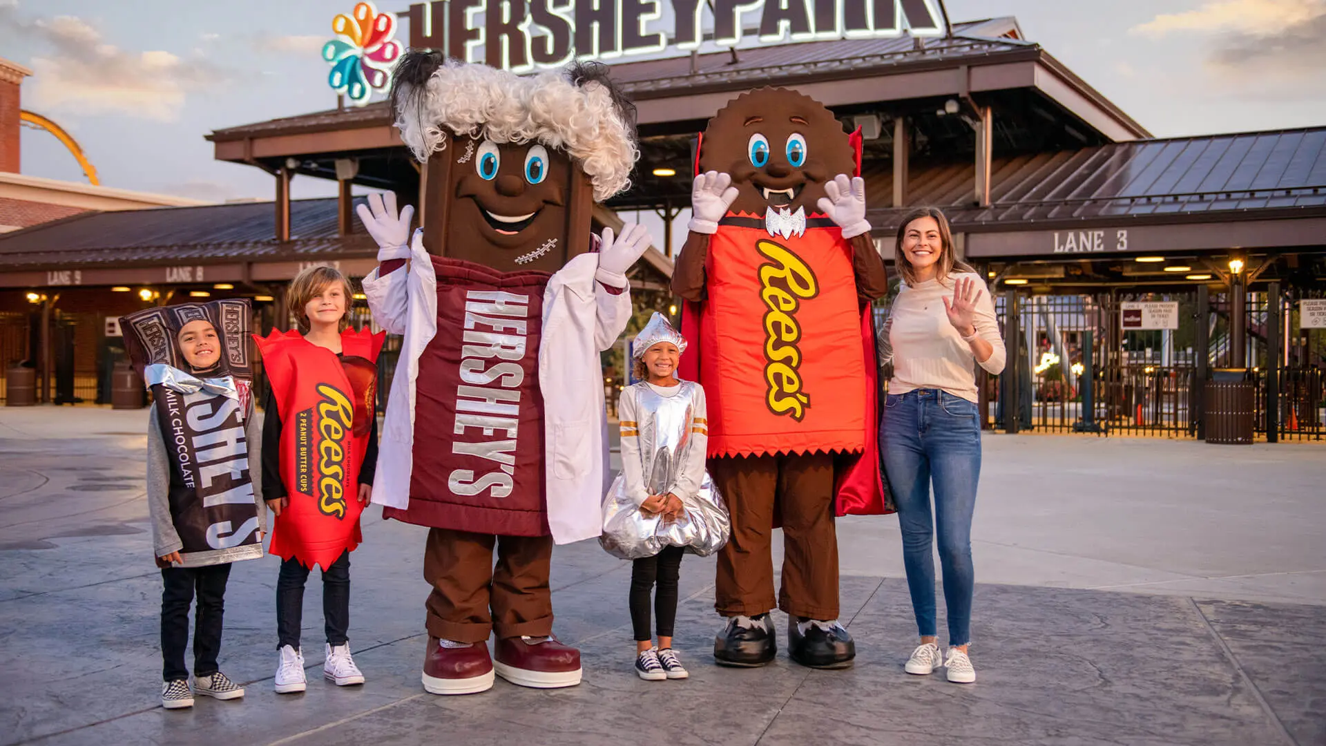 family with hershey characters dressed for halloween