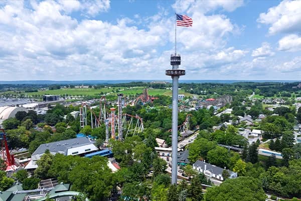 aerial view of hersheypark with american flag