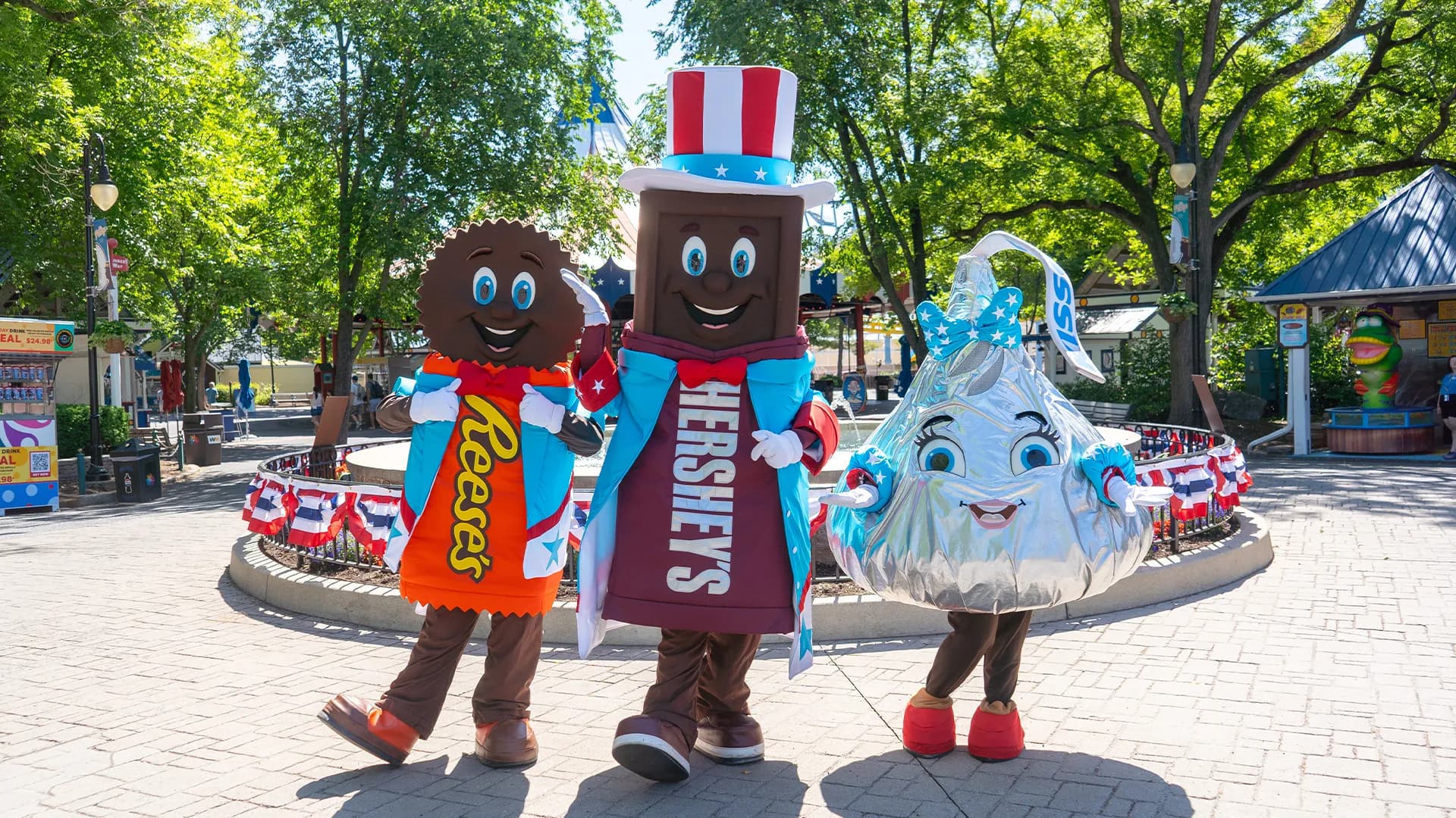 park characters dressed in american two fifty costumes at hersheypark