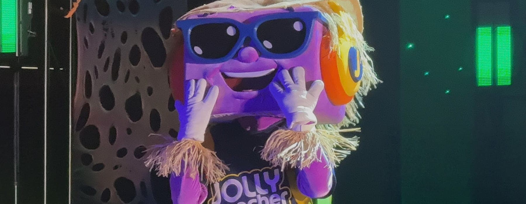 Jolly Rancher character posing for picture