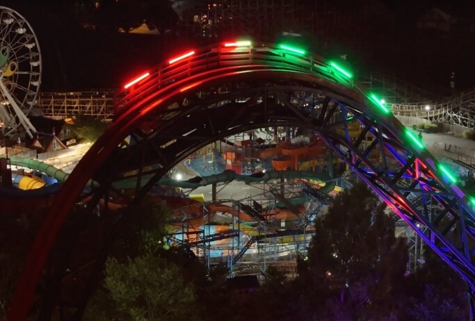 Wildcat's Revenge red and green lights during Hersheypark Christmas Candylane