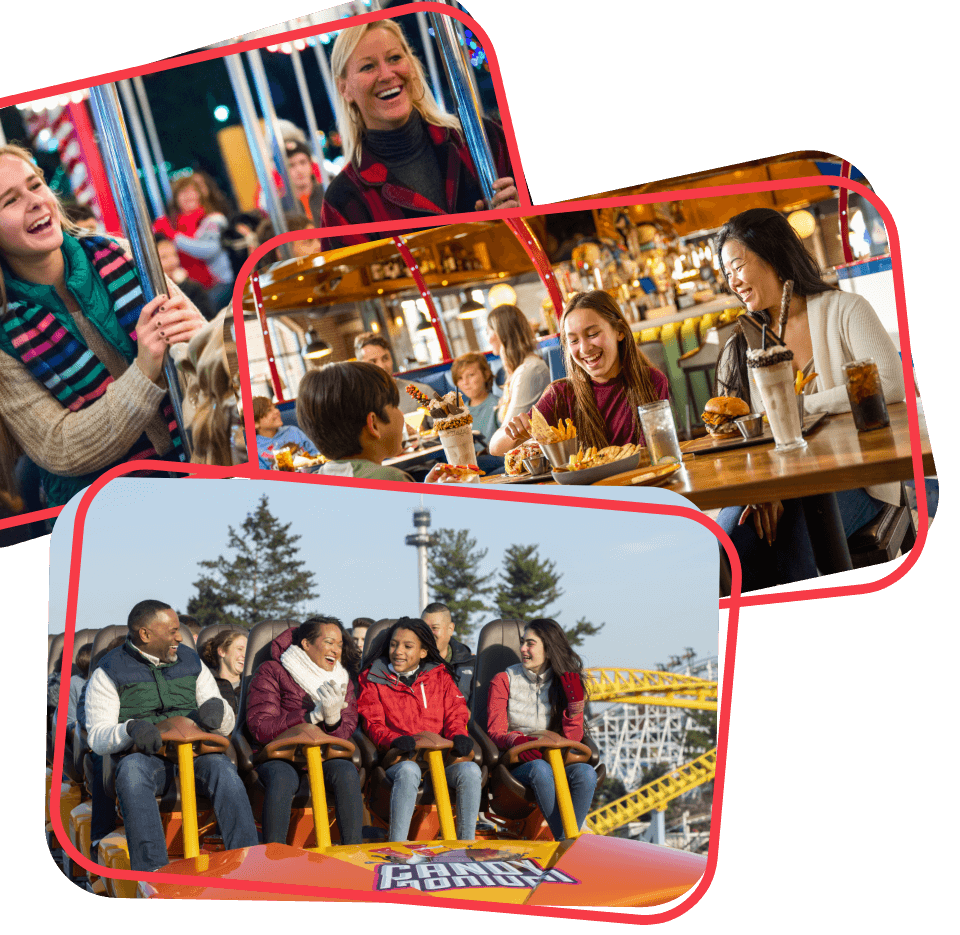Guests enjoying Candymonium roller coasters, guests dining at The Chocolatier, Guests at Hersheypark riding carousel