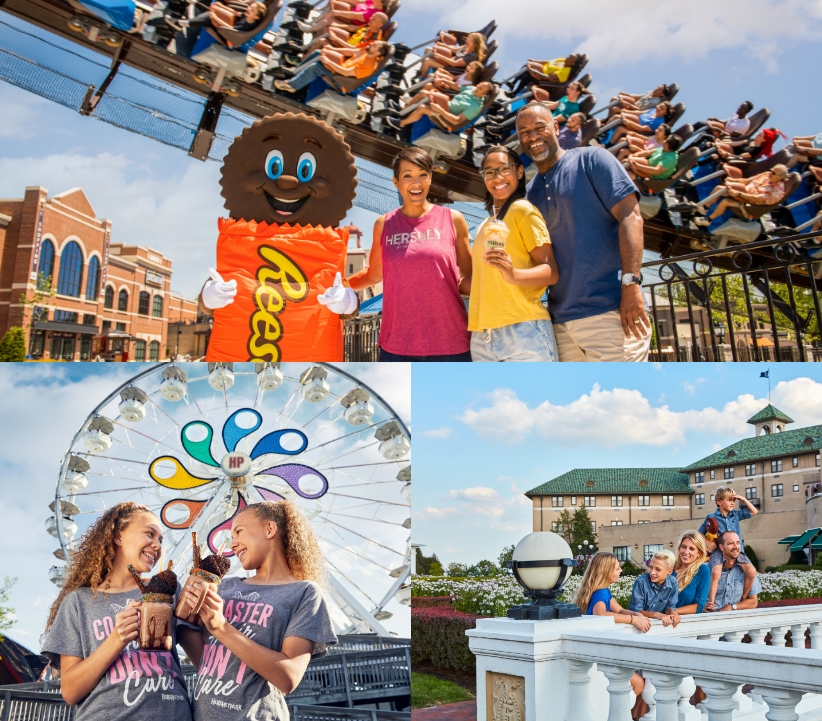 collage of families having fun at Hersheypark and The Official Resorts of Hersheypark