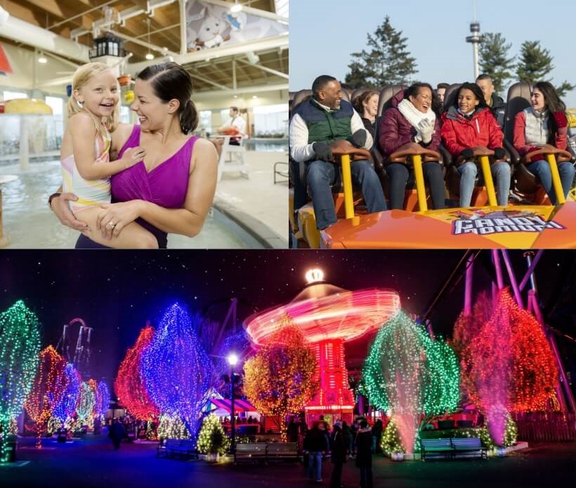 Guests enjoying indoor pool, guests riding Candymonium roller coaster, Hersheypark Christmas Candylane lights