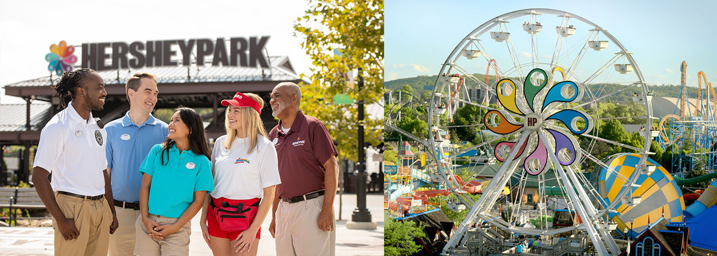 Hersheypark staff gathered together and ferris wheel at the front of the park