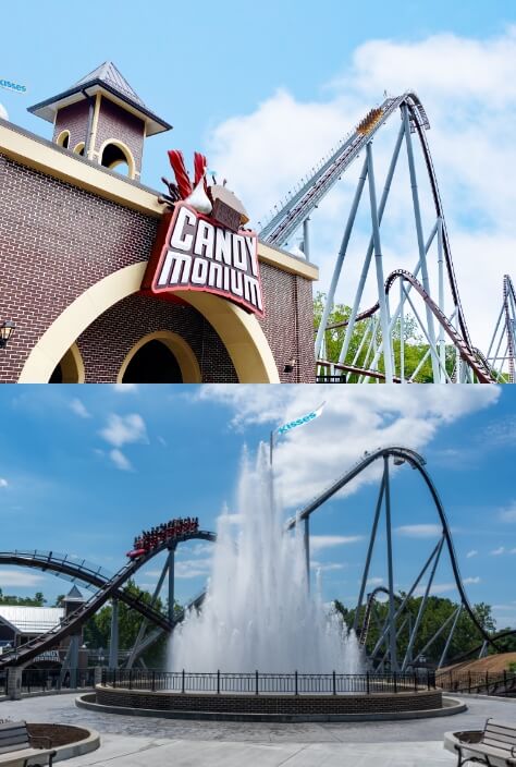 Candymonium roller coaster and Kisses Fountain
